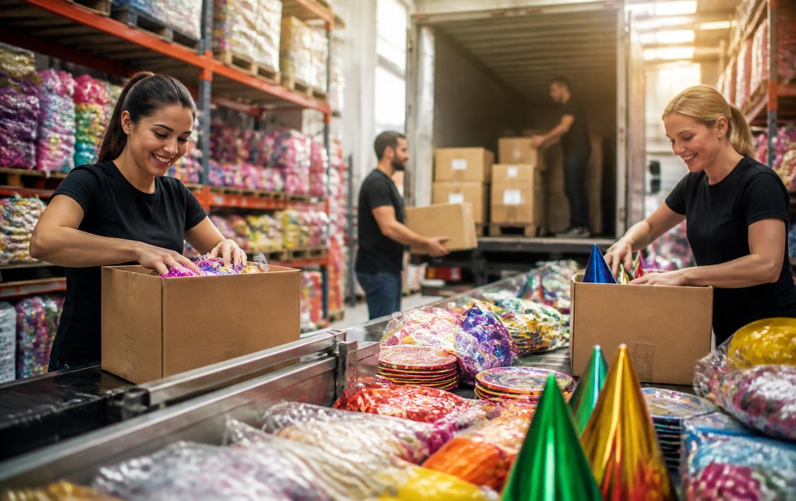 Equipe da BPG Imports embalando produtos de festa para expedição